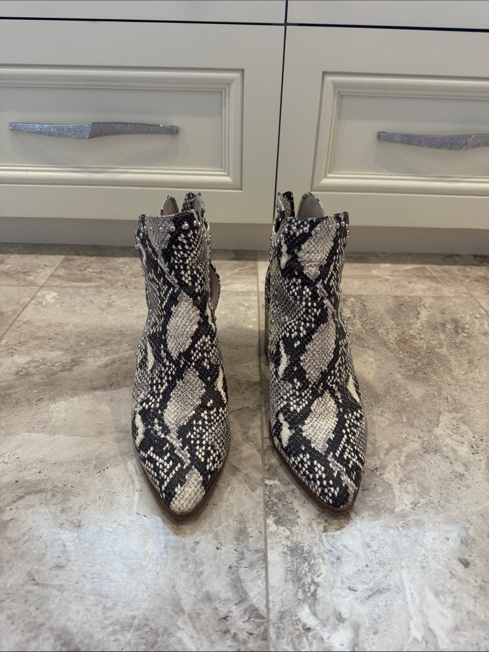 Steve Madden Black & White Snake-Print Pointed Ankle Boots